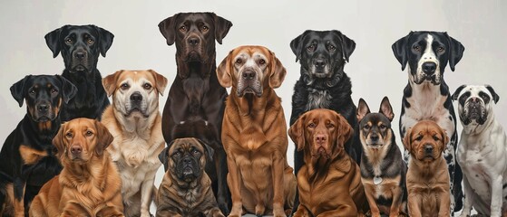 Diverse Canine Assembly: A Panoramic Portrait of Various Dog Breeds United in One Frame