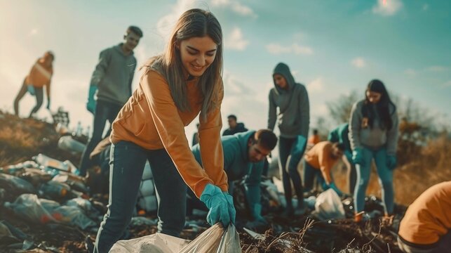 Enthusiastic Young Volunteers Engaged in Community Clean-Up, Emphasizing Teamwork and Environmental Care