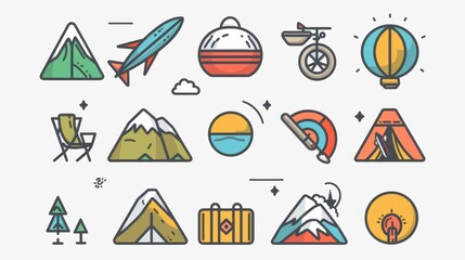 A series of line art icons representing various aspects of travel and adventure.