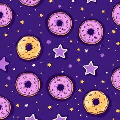 Purple background simple minimalistic seamless pattern, multicolored playful hand drawn cute lines and stars on sugar sprinkles on a donut, confetti