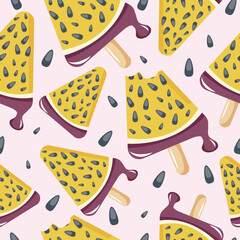 seamless pattern with triangle shaped fruit ice cream with passion fruit on a stick design for packaging, textile or banner