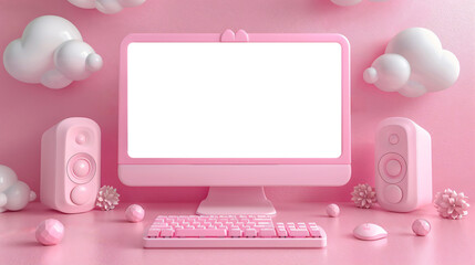 Soft pink girly workspace, desktop computer mock-up
