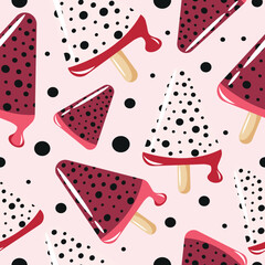 seamless pattern with triangle shaped fruit ice cream with pitaya and pink pitaya on a stick design for packaging, textile or banner