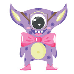 fictional character in the image of a purple monster with one eye in glasses and with a pink bow and pink boots, a character for children, for design, packaging or textile