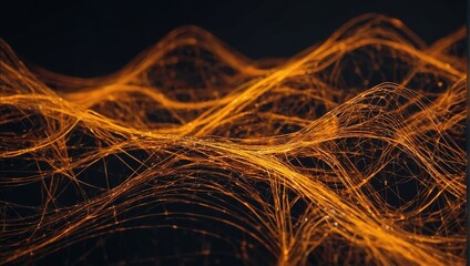Abstract orange tech background with digital waves, Dynamic network system, Artificial neural connections, Technology background.