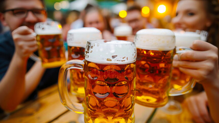Group of Friends Toasting Beer Mugs at Celebration
