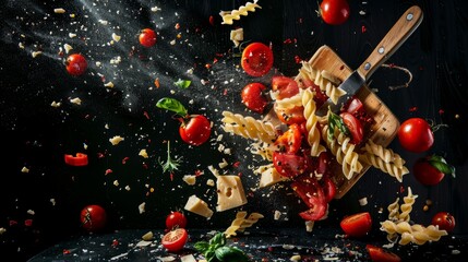 An artistic burst of Italian kitchen essentials, featuring tomatoes, pasta, and cheese scattered across a chopping board