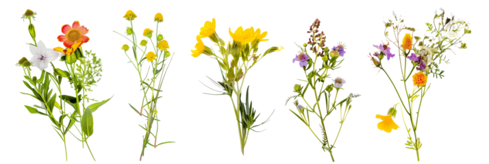 3 different arrangements of wildflowers, isolated on transparent background