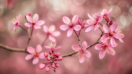 Obraz premium A tight shot of a pink blossom on a branch, lit from behind by soft bokeh