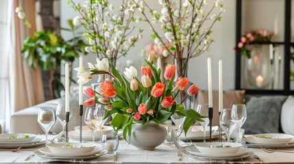 A festive dinner table elegantly set with dishes and cutlery, beautifully decorated with tulips and greenery