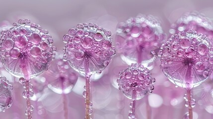 Fototapeta premium A tight shot of water droplets clinging to a dandelion head against a softly blurred backdrop in pink and white