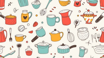 A charming seamless pattern featuring colorful kitchen items, designed as a vector illustration