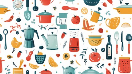 A charming seamless pattern featuring colorful kitchen items, designed as a vector illustration