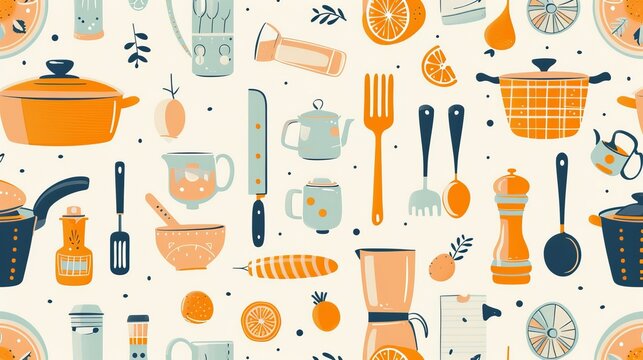 A charming seamless pattern featuring colorful kitchen items, designed as a vector illustration