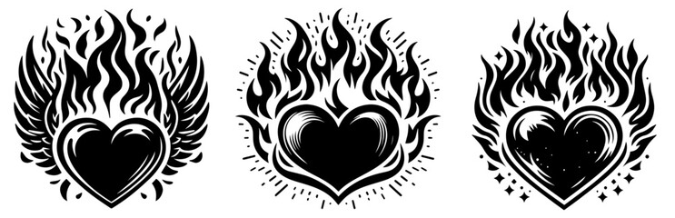 fiery burning heart symbol of love, vector illustration silhouette shapes