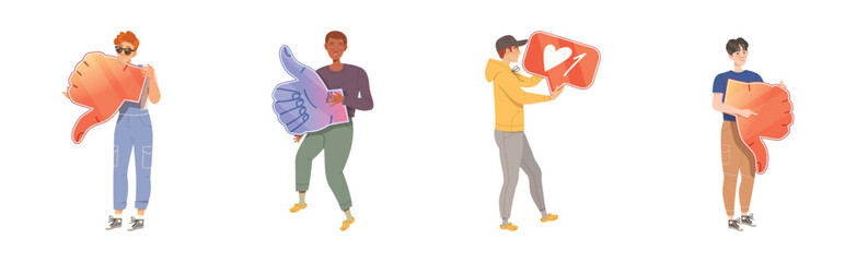 People Characters Holding Thumb Up and Down Sign as Notification of Approval and Disapproval Vector Illustration Set