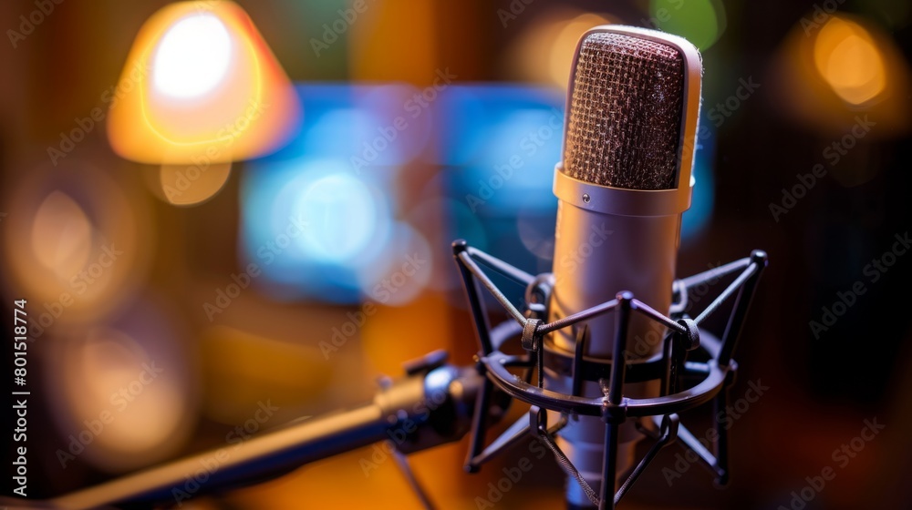 Poster A close-up view of a microphone with vibrant, blurred lights in the background, creating a dynamic and visually engaging scene.
