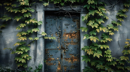 Old antique door on an old concrete wall, green plants.