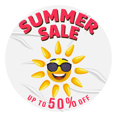 Summer Sale glued paper Sun cartoon in sunglasses, with wrinkles