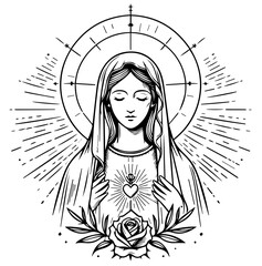 mother of god drawn with thin lines, black vector shape, silhouette print illustration