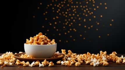 popcorn with caramel in a bowl on wooden table and black background
