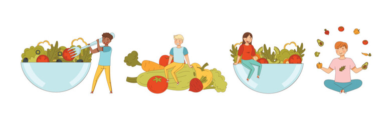 Vegetarian People Character Enjoy Healthy Eating Vector Set