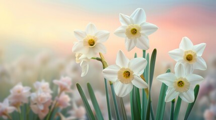   A cluster of white daffodils against a softly blurred backdrop of pink, yellow, and white blossoms