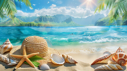 A beach scene with seashells, palm leaves and straw hat on the sand,