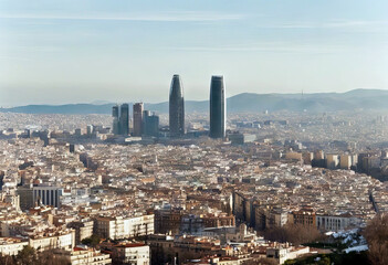 'February skyline aerial view winter hill Barcelona Barcelona seen afternoon Montjuic Spain Panoramic Sky Travel Art House City Landscape Building Architecture Blue Street Old Europe Barcelona Spain'