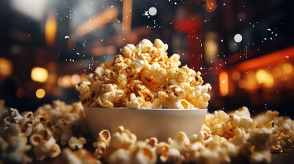 Popcorn in a bowl on a dark background. Cinema concept.