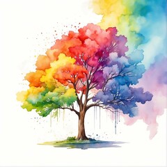 Hand painted illustration of colorful four season tree. Picture created with watercolors on paper.
