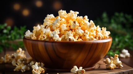 Popcorn in a wooden bowl on a dark background. Selective focus.