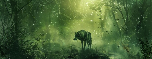 A wolf standing amidst trees in a forest setting