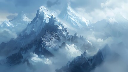 A majestic mountain range, shrouded in mist, with snow-capped peaks piercing through the clouds, creating an ethereal and awe-inspiring landscape