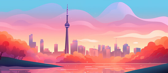 Fototapeta premium Toronto city skyline during a vibrant sunset. Beautiful Panorama view. Flat modern illustration style.