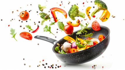 Capture the dynamic and playful essence of cooking with this image of vegetables flying out of a pan