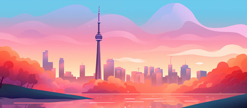 Toronto city skyline during a vibrant sunset. Beautiful Panorama view. Flat modern illustration style.