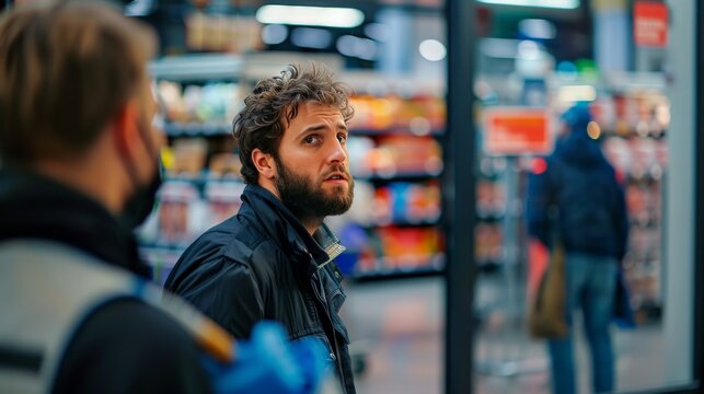 A nervous shoplifter being confronted by store security near the exit