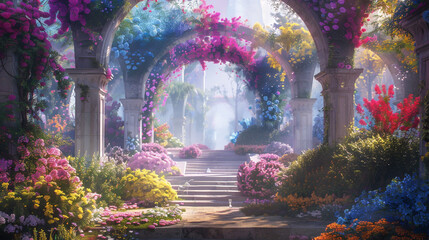 A beautiful fantasy garden with arches, steps and flowers in pink, purple, blue, yellow and green.
