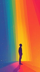 A man stands in front of a rainbow, looking up at it. LGBTQ concept. Generative AI.