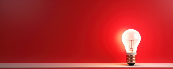 Red backdrop with illuminated lightbulb on a white platform symbolizing ideas and creativity business concept creative thinking innovation new idea