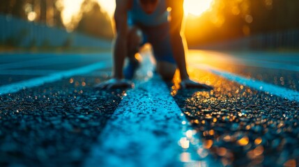 Vibrant sprinter poised at starting line on rainy track, golden sunset highlighting competitive spirit, reminiscent of Olympic trials.