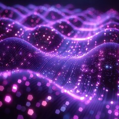 An abstract landscape of glowing purple waves. The waves are made of tiny particles that seem to be flowing and swirling. The image is very calming and peaceful.