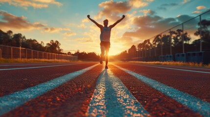 Vibrant early morning victory celebration: one athlete raises arms triumphantly on sunlit track, resonating Olympic ambition, enthusiastic mood, competition spirit, copy space.