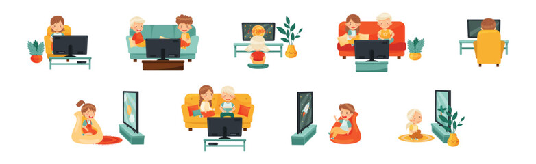 Cute Kids Sitting and Watching TV Vector Set
