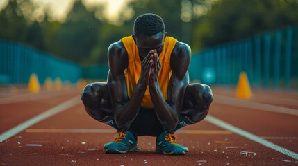 Intense Black athlete in deep contemplation on vibrant orange running track, evoking dedication and focus in sports.