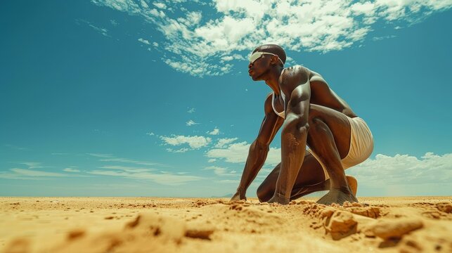 Dynamic sprinter poised at starting blocks on sandy track, intense sky above, symbolizing athleticism and determination in desert races. Copy space.
