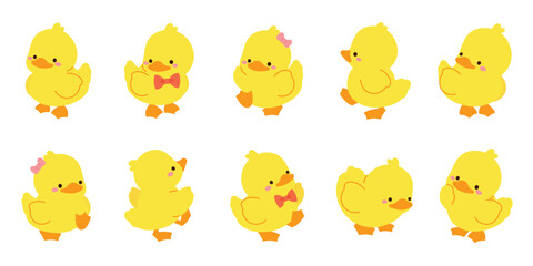 Cute Animal Duck characters set. Hand drawn farm animal cartoon design of yellow duck, duckling, chick in different pose. Adorable baby duck illustration for sticker, clipart, education.