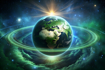 Obraz na płótnie Canvas Artistic Shot of Globe Surrounded by Halo of Green Light on Dark Star-Filled Sky