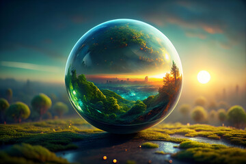 Close-up of Crystal Ball Showing Verdant Green World Against Sunrise to Midnight Blue Transition